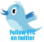 Blue twitter bird with 'Follow ETC on twitter'